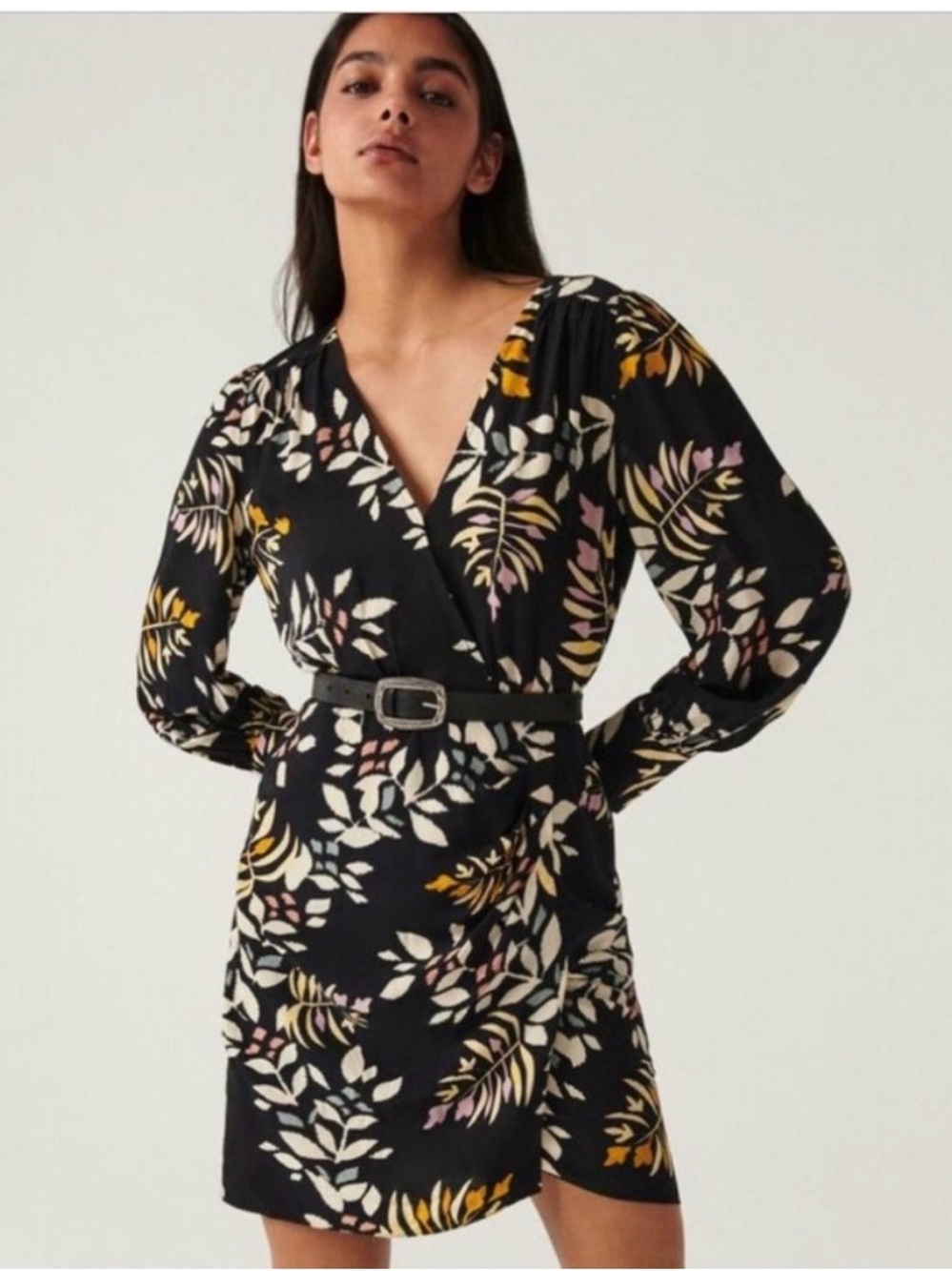 ba&sh Black Floral Wrap Mini Dress with Belt
